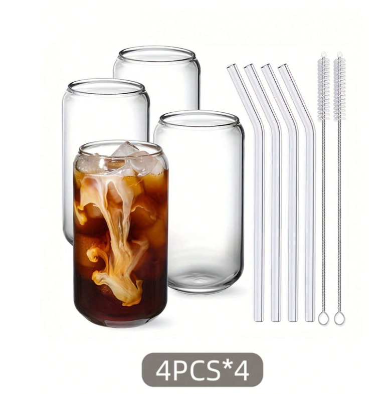 4pcs 400ml Glass Jar Style Glasses With Glass Straws