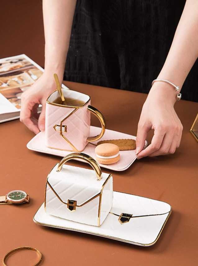 Handbag Shape Ceramic Gold Rim Cup and Saucer
