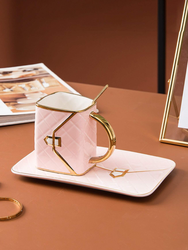 Handbag Shape Ceramic Gold Rim Cup and Saucer