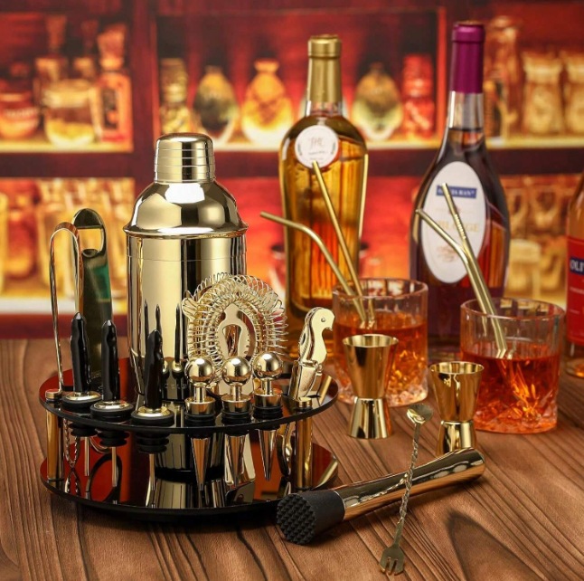 19-Piece Gold Cocktail Shaker Set With Rotating Stand
